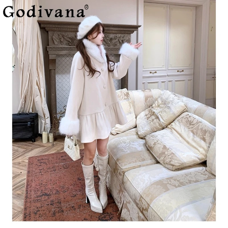 Original New Slimming Warm Jackets for Women Gentle Off White Collarless Woolen Coat Female Japanese Style Lolita Coat