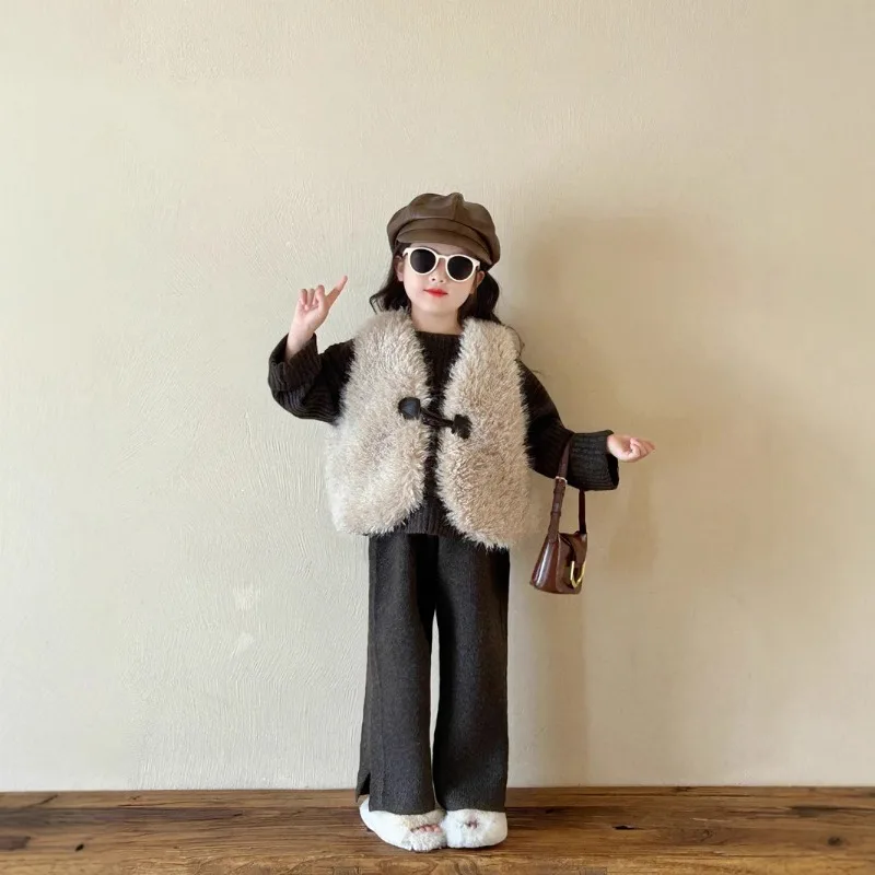 

Children's Clothing Winter New Style Girls' Fashionable Thick Fur Warm Single Button Fashionable Elegant Vest