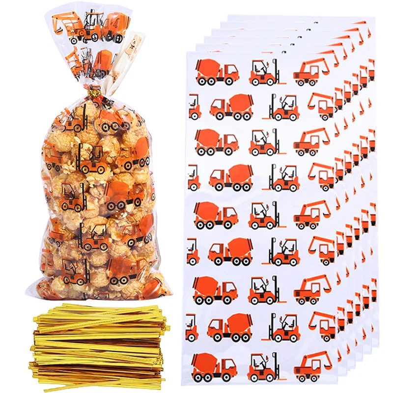 10/20/30/40/50pcs Construction Bags Cello Cellophane Treat Bags with Gold Twist Ties Kids Construction Birthday Party Supplies