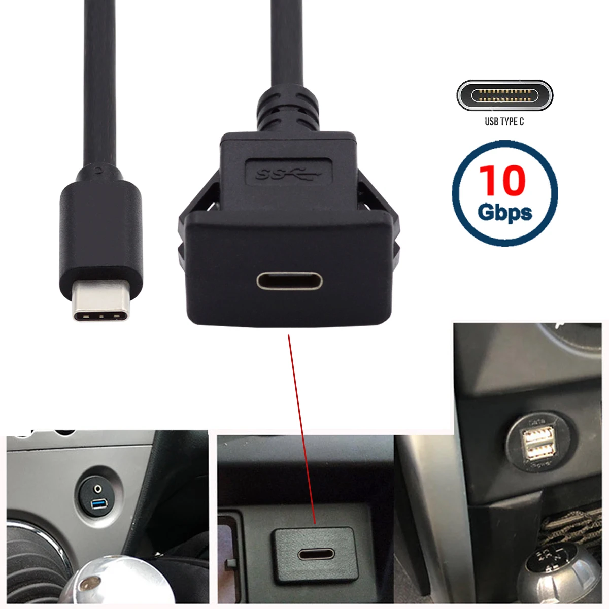 USB-C Type-C USB 3.1 Male To Female 10Gbps Extension Flush Car Latch Mount Extension Cable for Dashboard Panel