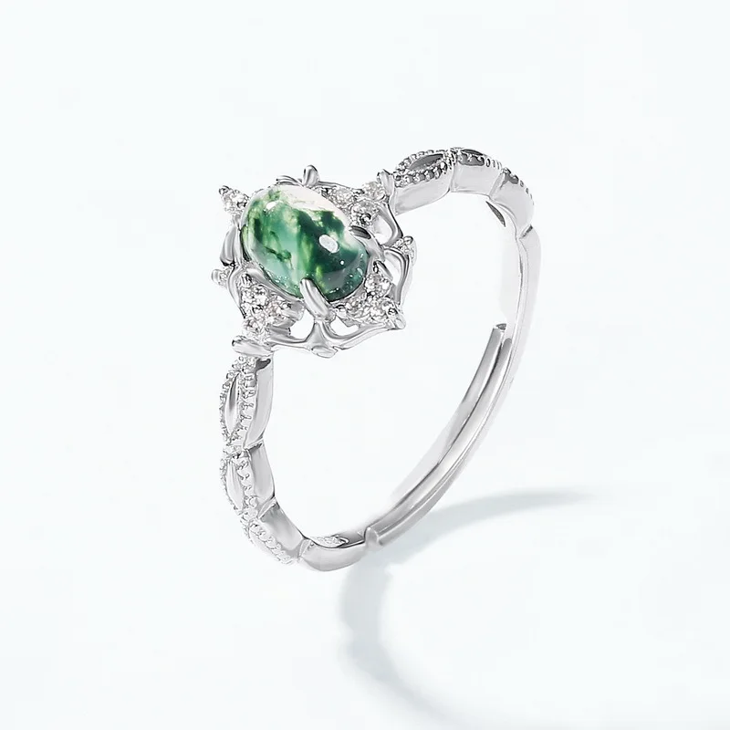 925 Sterling Silver Natural Unique Green Moss Stone Ring for Woman Oval Jewelry Wedding Gift Box Engagement Wholesale