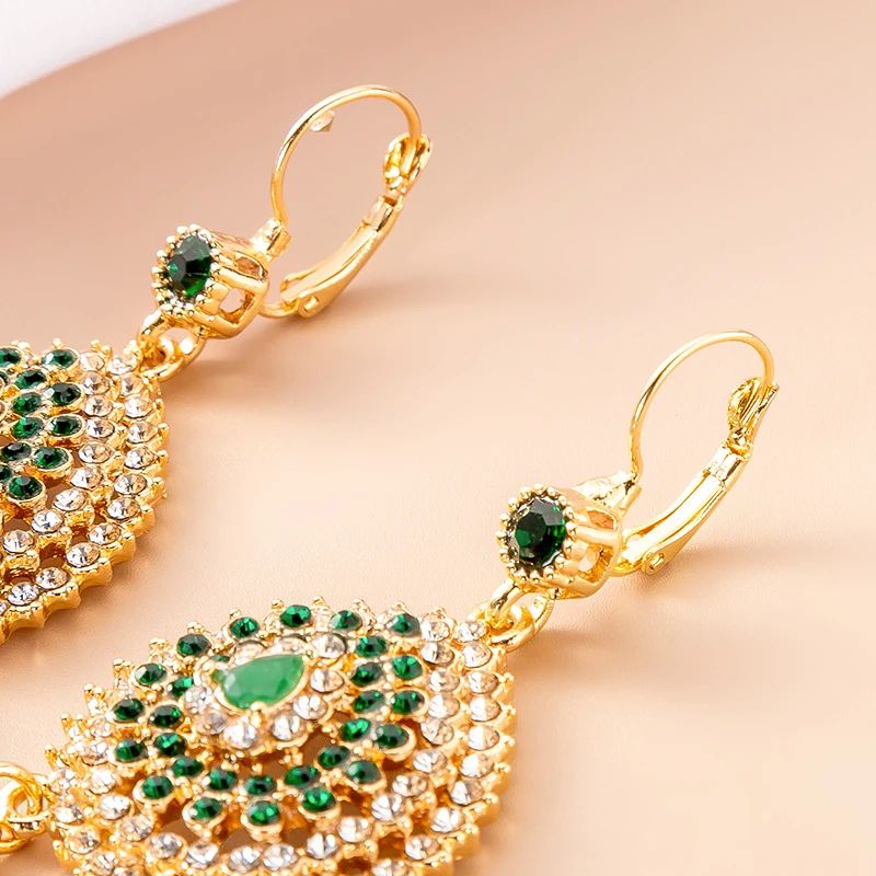 Luxury Moroccan Gold Color Earrings Women's Wedding Jewelry Earrings Pendant French Hook Design Rhinestone Eardrop