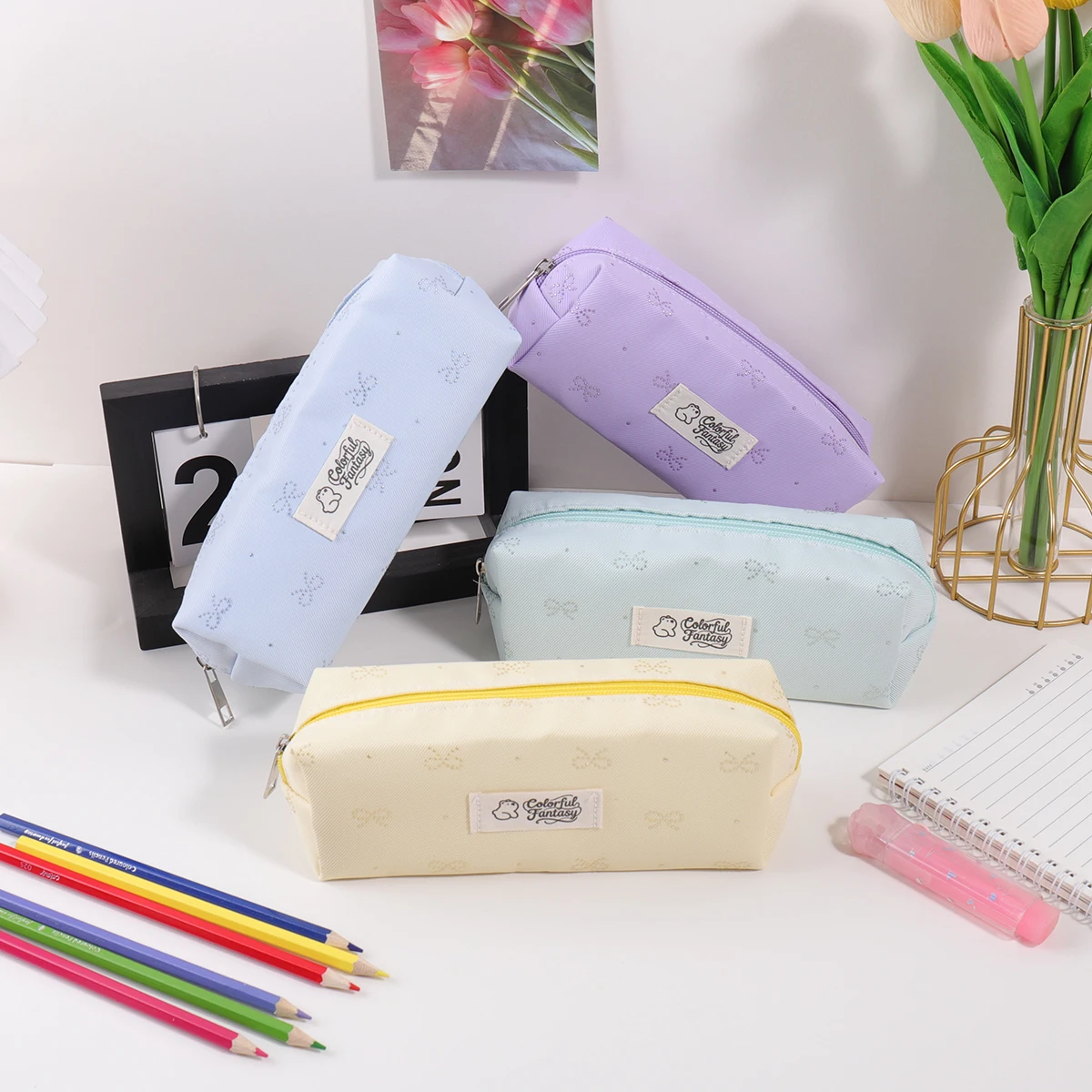 Fresh style patterned bow pencil case, portable solid color pencil case for students, storage for study and office supplies