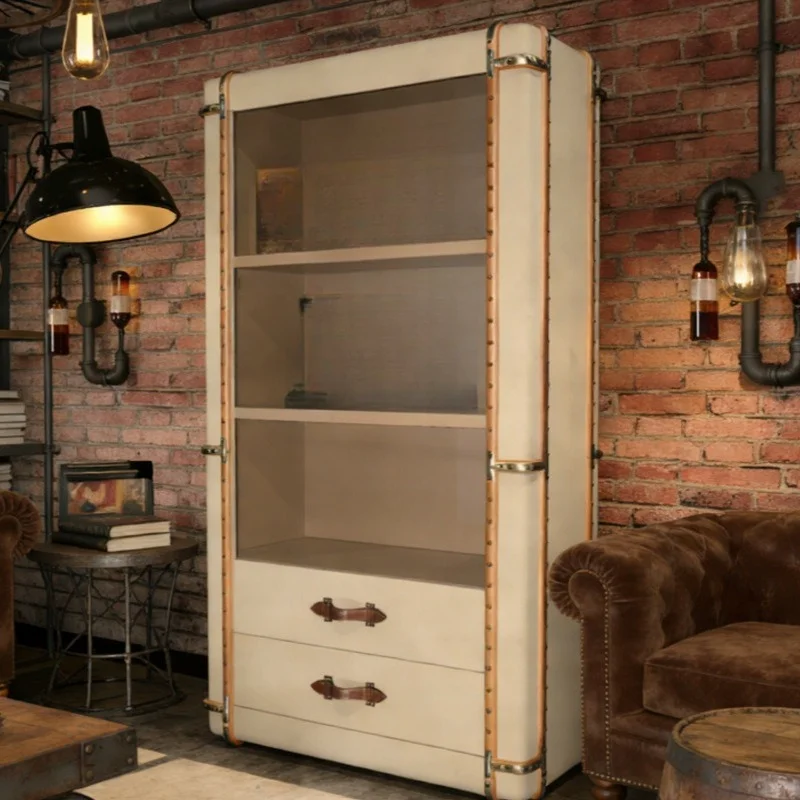 Solid wood bookshelf travel case style vintage library living room lounge studded canvas storage cabinet bookcase