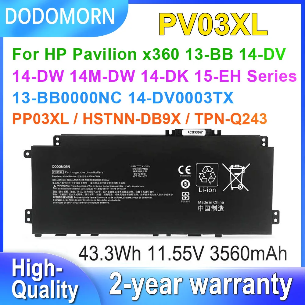DODOMORN PV03XL PP03XL Laptop Battery For HP Pavilion x360 13-BB 14-DV 14-DW 14M-DW 14-DK 15-EH Series HSTNN-DB9X 11.55V 43.3Wh
