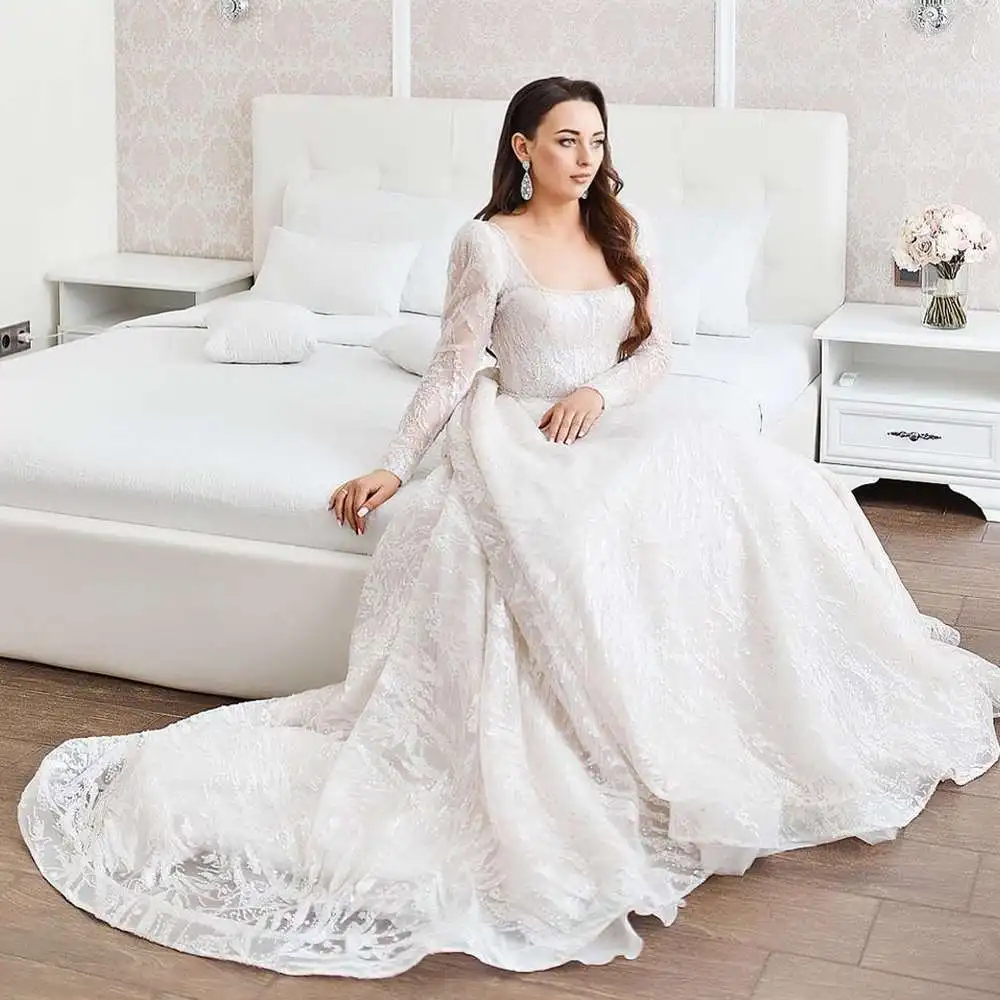 2023 Perfect Romantic Long Sleeve Wedding Dress Beaded Square  A-Line Court Train Princess Bride Gowns  Vestido de Noiva