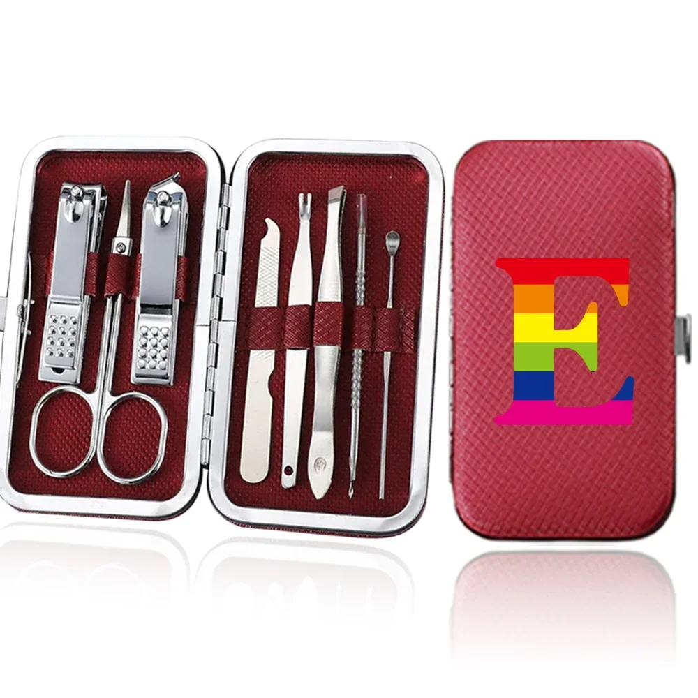 8Pcs Tragbare Edelstahl Maniküre Set Nagel Clippers Organizer Pediküre Pflege Werkzeuge Pflege Nagel Kit Regenbogen Brief Muster