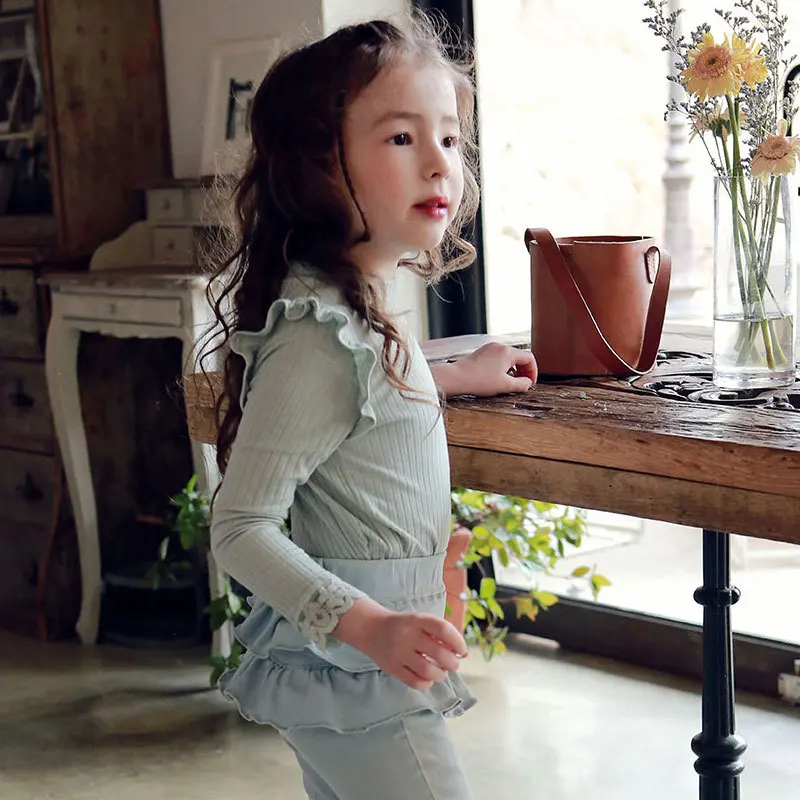 Children Clothing Kids 2024 Spring Autumn T-shirt Korean Style Girls Lace Long Sleeve Solid Color Casual Simple T Shirt Top