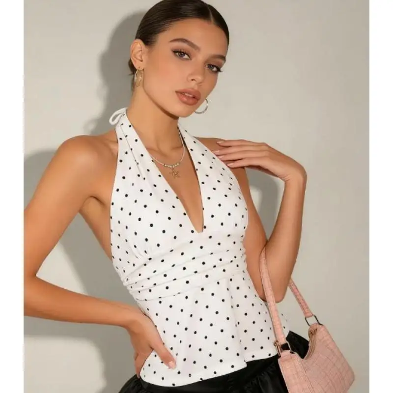 Summer New Style Neck Hanging Sexy And Fashionable V-neck Polka Dot Multi-color Pleated Strap Niche Design Casual Versatile