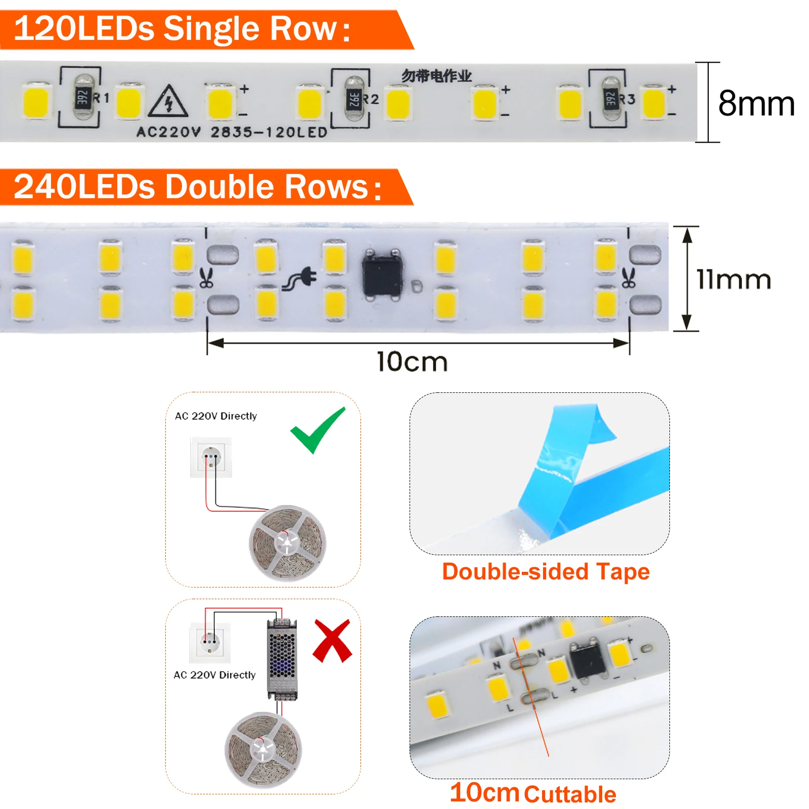 220V Dwurzędowa taśma LED 240LEDs 2835 120LEDs Jednorzędowa elastyczna taśma LED Taśma samoprzylepna Światło linowe do dekoracji wnętrz