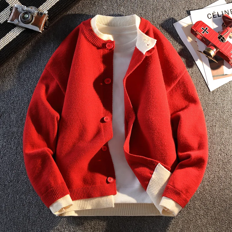 

Color Blocked Knit Cardigan for Men 2025 Sweater Jacket Trendy Casual Couple Style Autumn Winter Oversized Relaxed-Fit Sweater