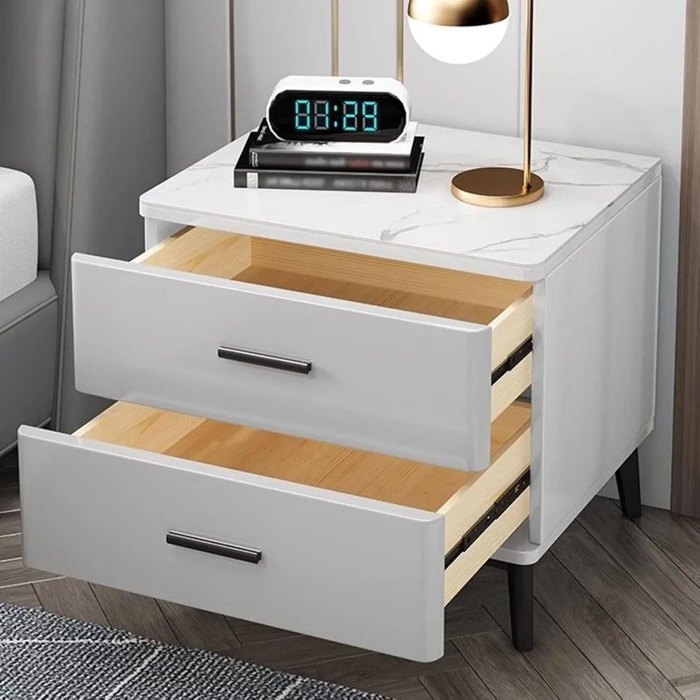 Meja Nakas Penyimpanan Ramping dengan Laci, Permukaan Batu Slate, Finishing Abu-abu Tua, Cocok untuk Kamar Tidur dan Ruang Tamu