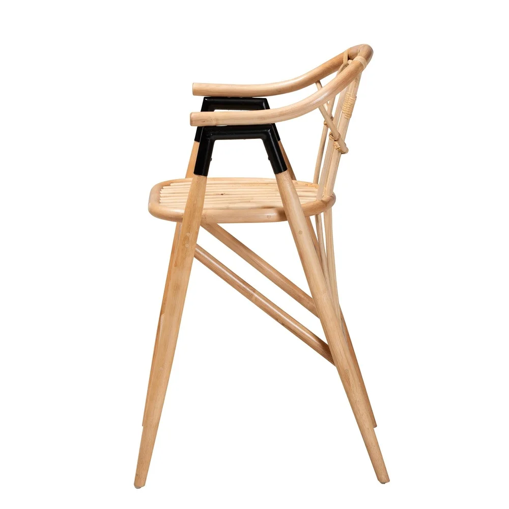 Modern Bohemian Rattan Counter Stool Ergonomic Footrest Openwork Design Round Armrests Fully Assembled Indoor Seating Natural