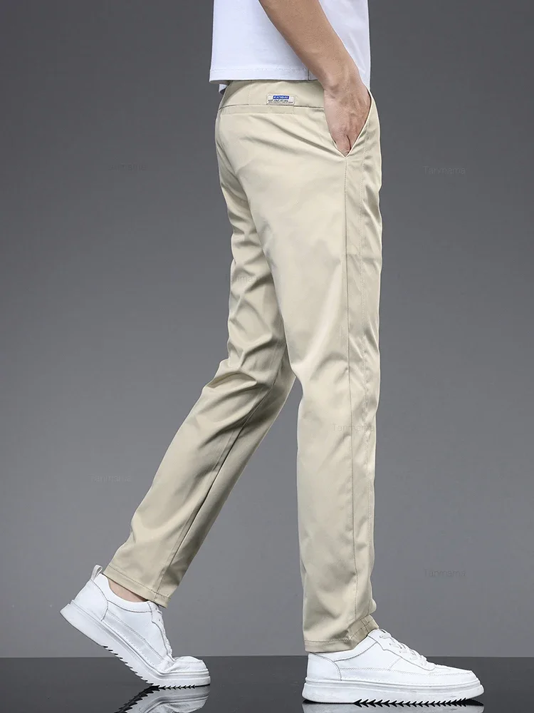 Summer Ultra-thin Men\'s Elastic Casual Pants Fashion Soft Ice Silk Solid Color Elastic Waist Slim Straight Trousers Black Beige