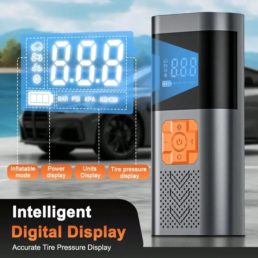 Portable Tire Inflator Air Compressor, With Digital Display, Suitable For Cars And Motorcycles, Universally Applicable To Cars, Bicycles, And Sports Equipment.