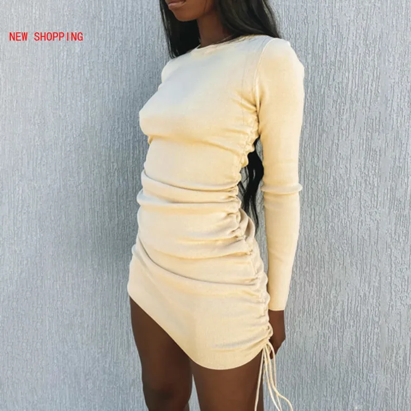 

Knitted Drawstring Sexy Bandage Dresses Long Sleeve High Waist Autumn Winter Women Mini Bodycon Ruched 10 Color Club Party Dress