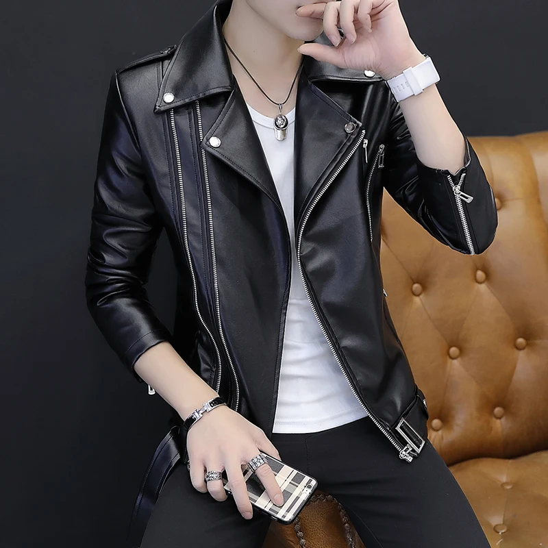 New Men\'s Leather Jacket, Handsome and Personalized Red Leather Jacket, Fashionable and Versatile Rivet Motorcycle Style Jacket, Red White Black