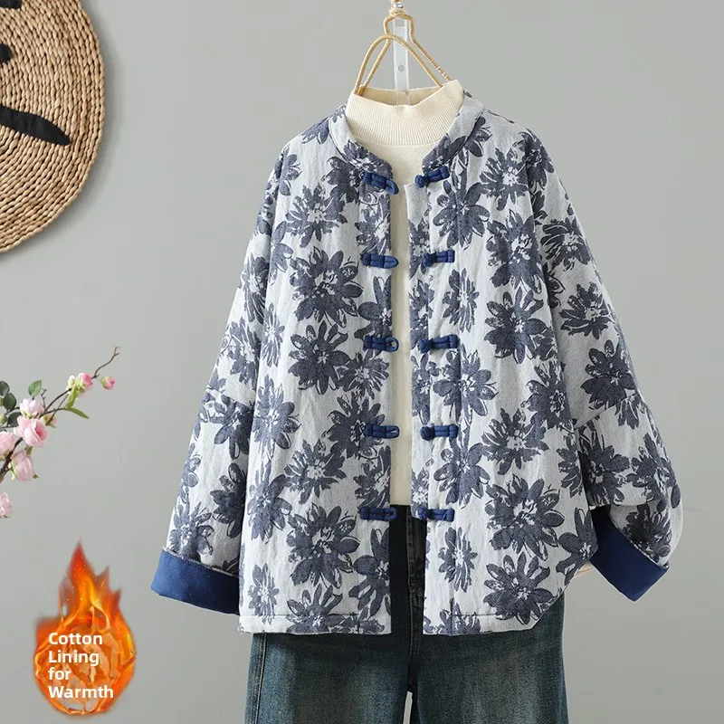 معطف Thiened Long Sve بياقة واقفة من القطن Jaet شتاء دافئ تقليدي صيني مطرز ملابس خارجية للعام الجديد #5