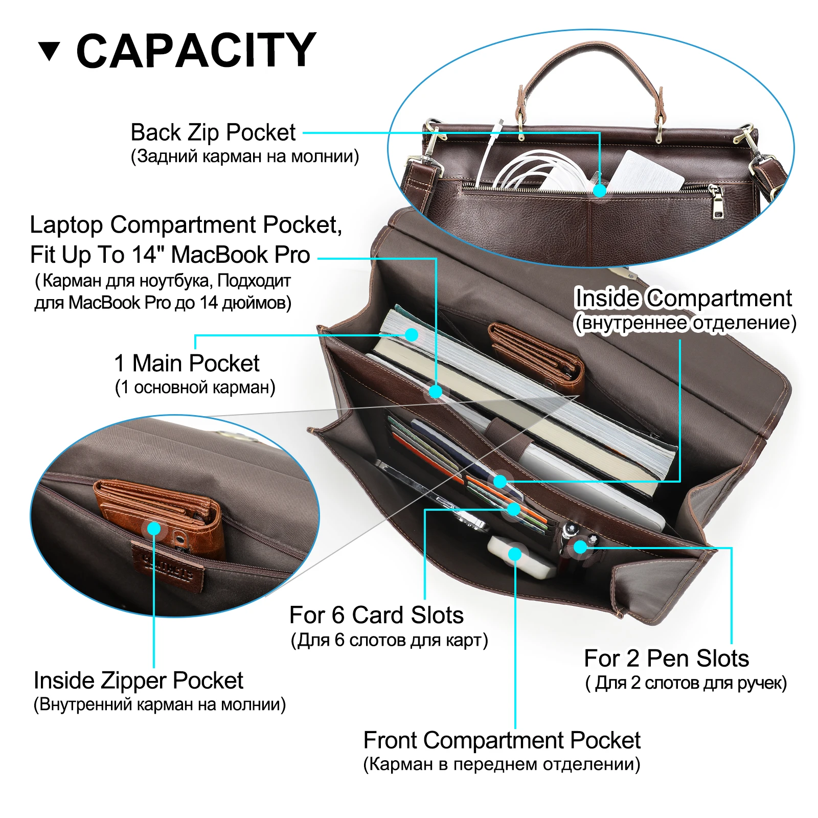 Bolsos de negocios de cuero genuino de CONTACT'S para hombre, maletín de cuero curtido vegetal italiano, bolsos de mano para ordenador portátil para Macbook Pro de 14"