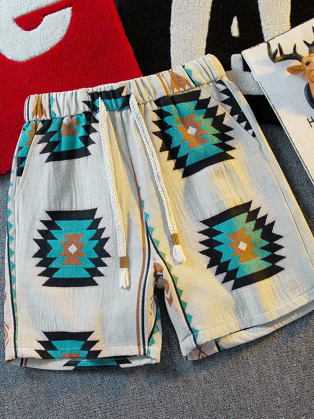 

CP American Hawaiian Sle Knitted Beach orts Men's Summer Retro Navajo Ethnic Five-Point Pants Breathable Loose Fit Casu...