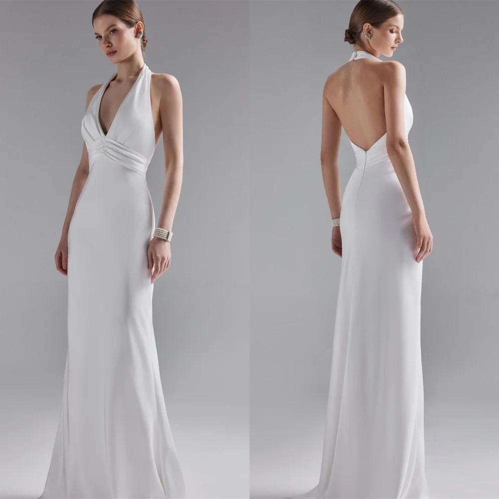 Customized Sexy White Satin Evening Dresses Exquisite Halter Sleeveless Homecoming Dresses Fashion Special Occasion Gowns