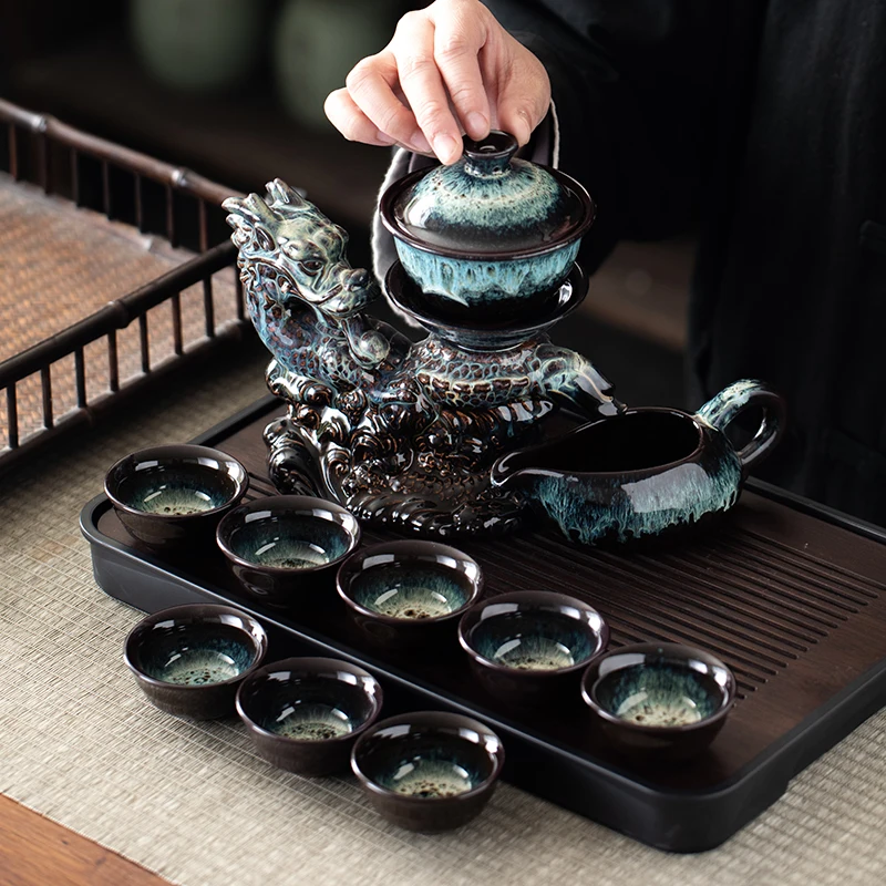 1 set, creative lazy tea set, semi-automatic dragon teapot, magnetic rotating water-conducting tea set, Chinese Kung Fu tea set