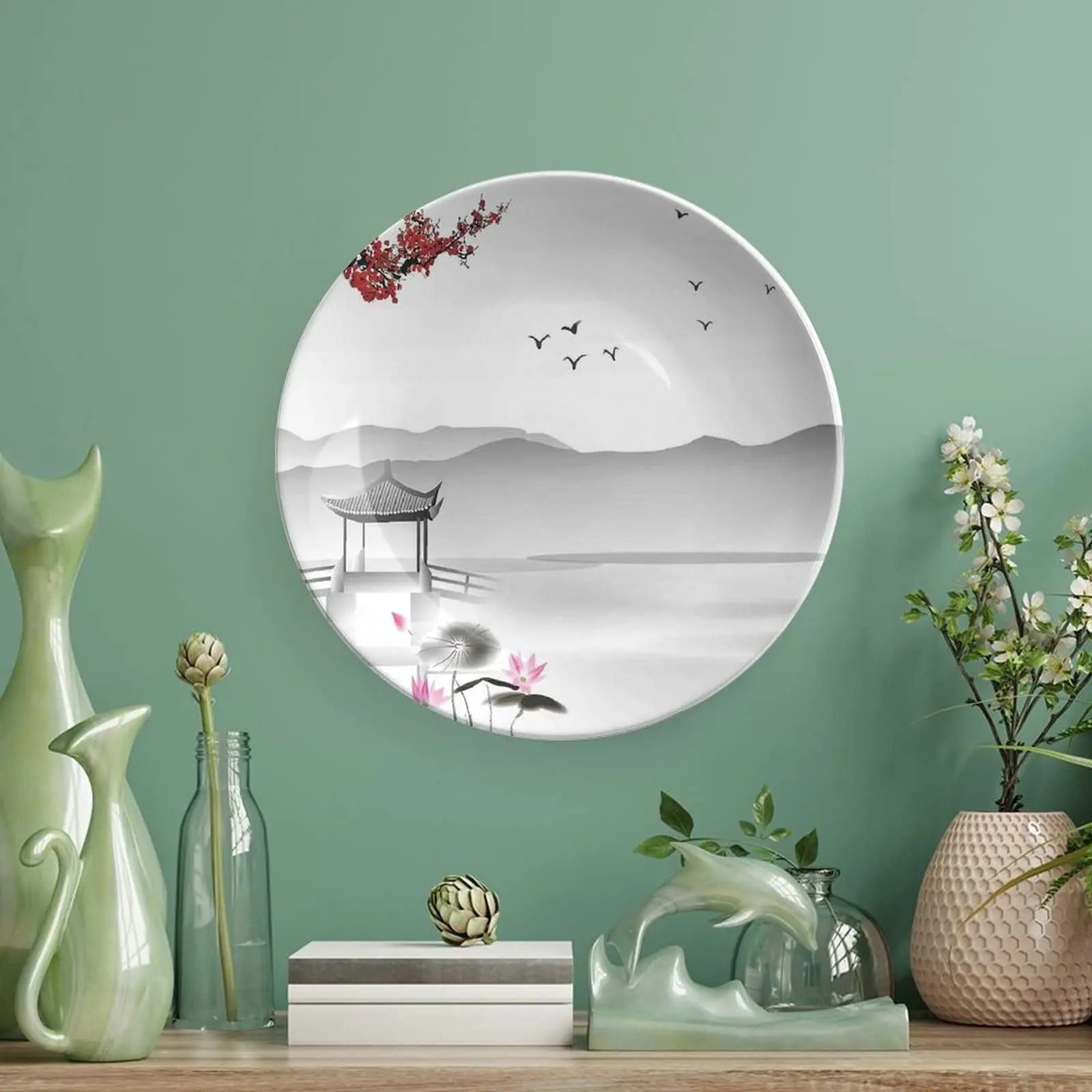 Ceramic Plates,Asian Decor Decorative Ceramic Plates,River Scenery Cherry Blossoms and Boat Mystical,Household Plates Decorative