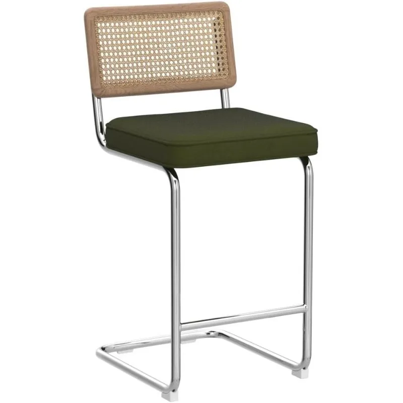 Zesthouse Modern Counter Height Bar Stools, 26'' Natural Rattan Barstools Set of 2, Velvet Kitchen Stools with Backs, Mid Centur