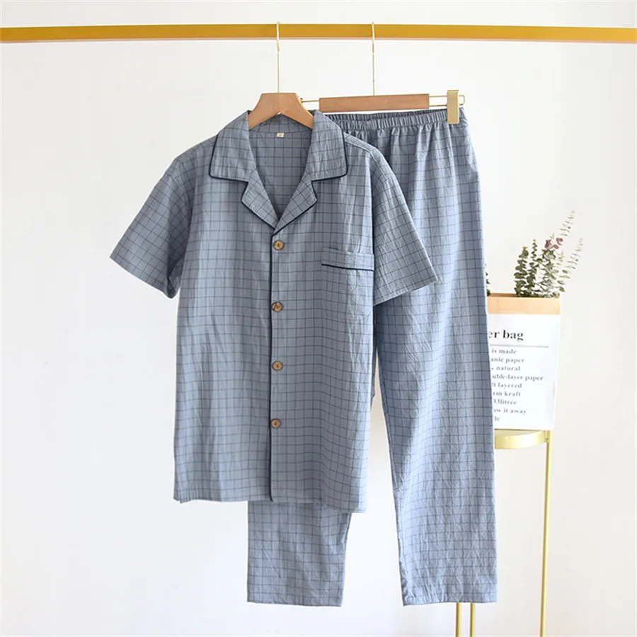 

New 2024 Spring Men's Pajamas Short-sleeved Button Shirt Long Pants Cotton Plaid Home Service Suit Men Sleepwear Two Piece Set