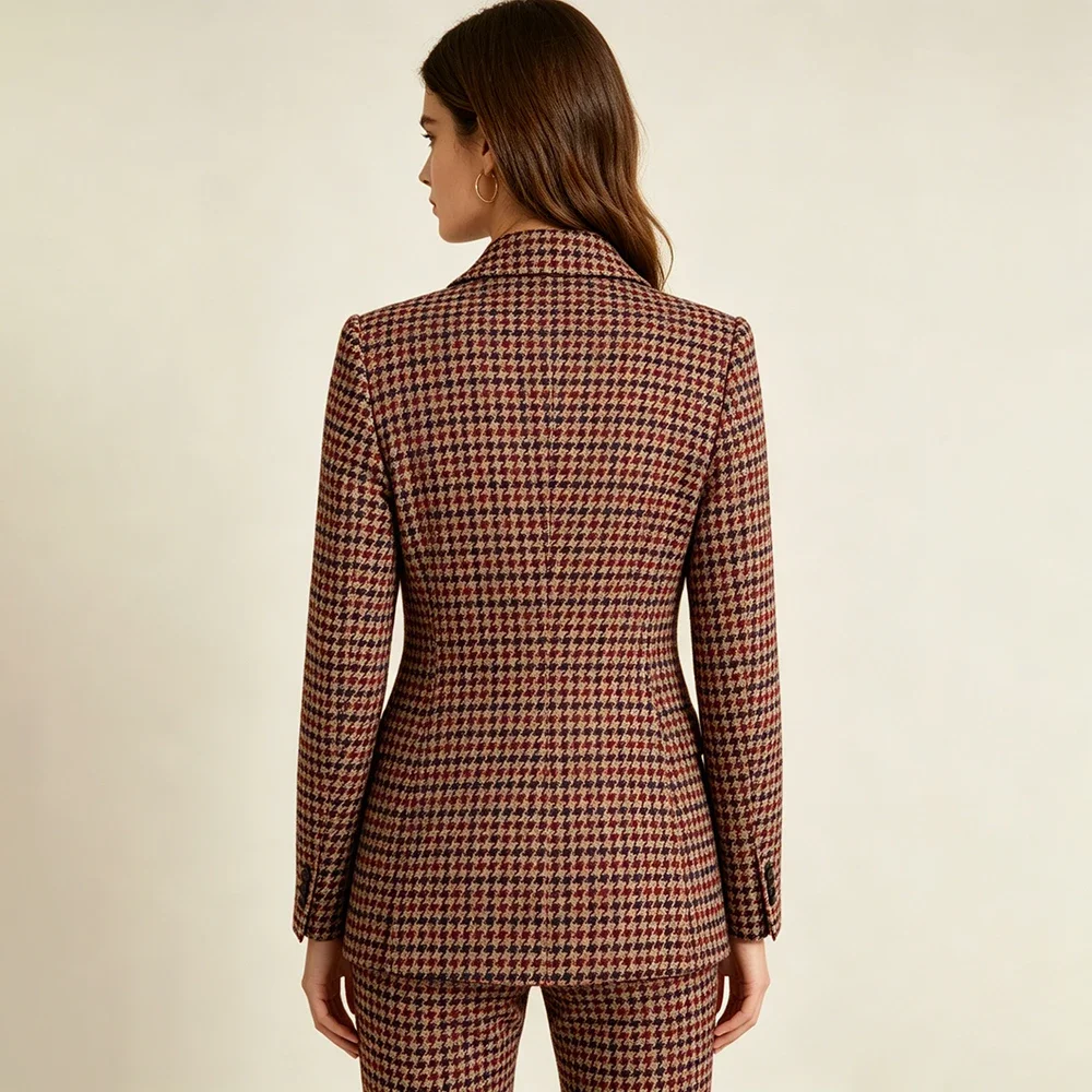 Luxury Vintage 2 Piece Suits High Quality Women's Houndstooth Double Breasted Peak Lapel Blazer Fashin Customzied Jacket Pants