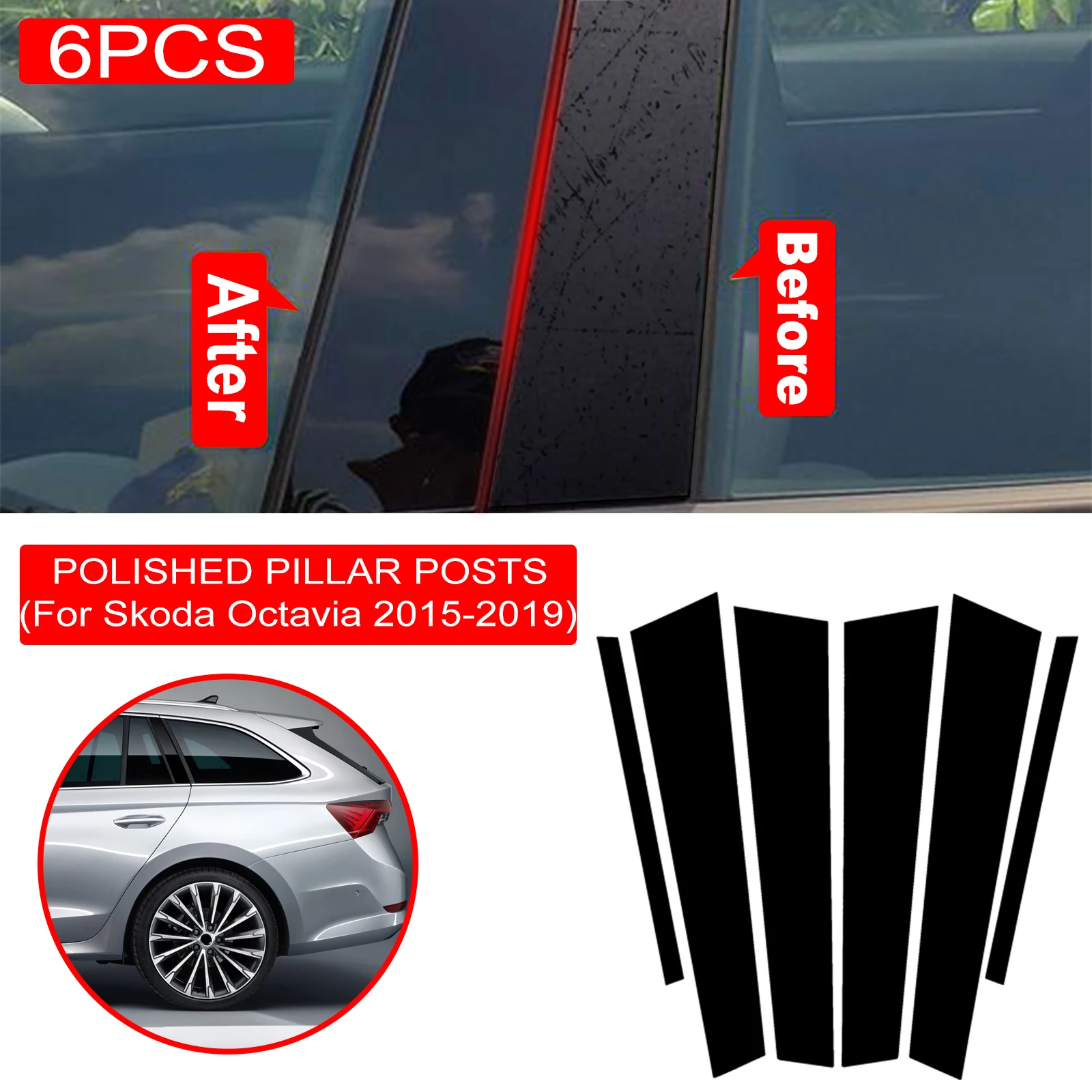 6PCS Polished Pillar Posts For Skoda Octavia 2015-2019 Auto Window Trim Cover BC Column Sticker аксессуары для машины Dropship