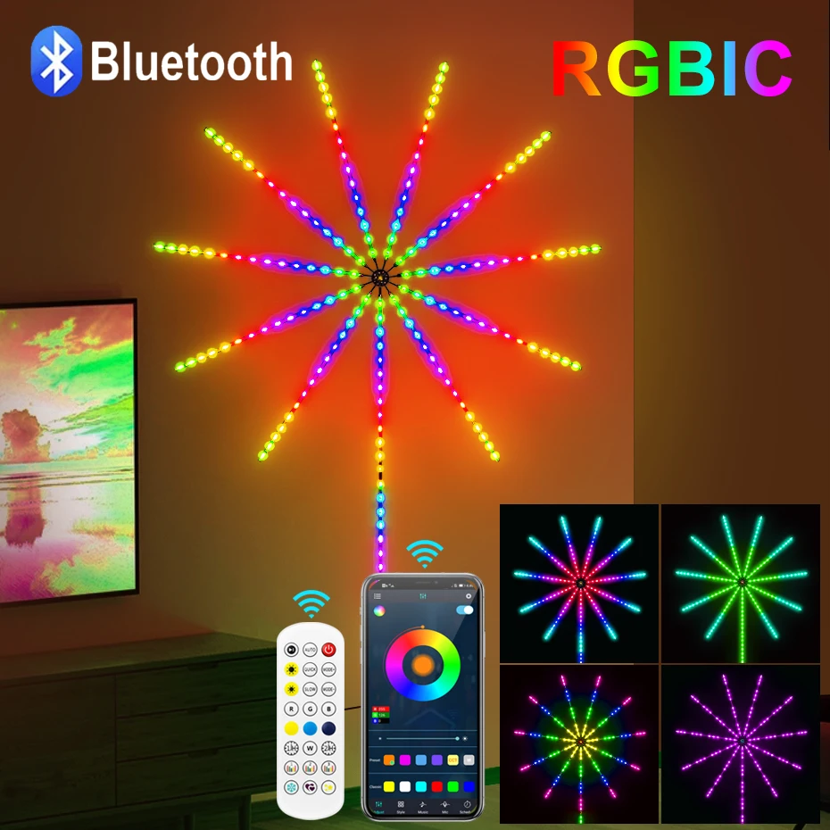 Smart Bluetooth RGBIC Led Firework Light Strip 5050SMD 180LEDs Led Firework Lamp Music Sync Decor Lighting For Room Christmas