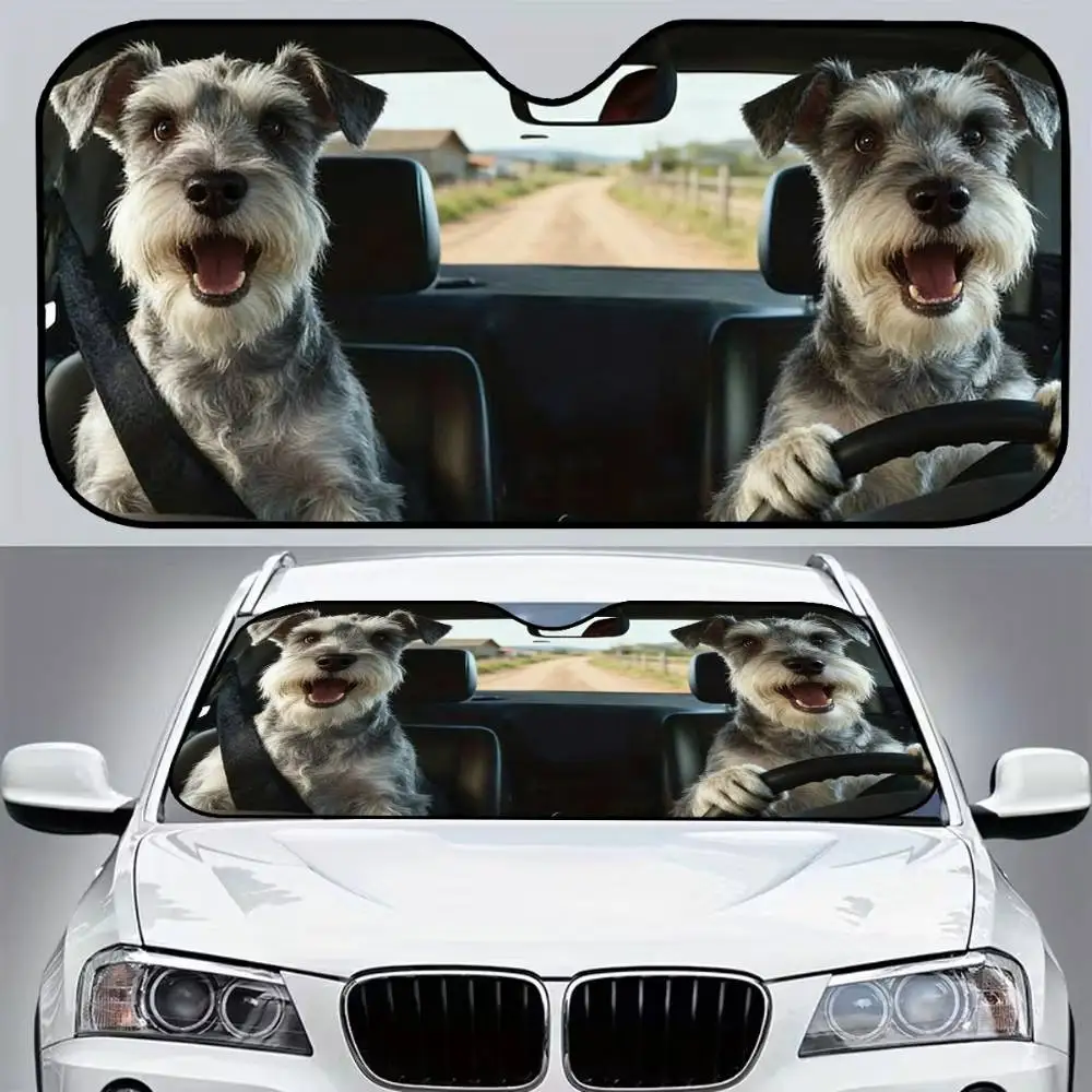 Cute Schnauzer Pattern Car Windshield Sunshade Foldable Suction Cup Sun Visor For Self-Driving Picnic Pet Lover Gift