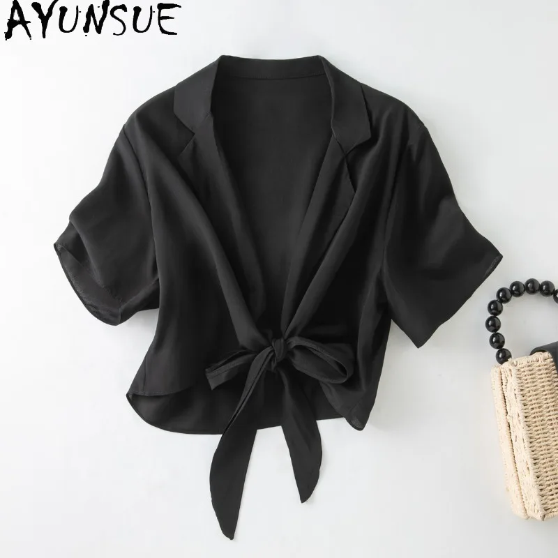 

AYUNSUE Double Crepe Silk Tops for Woman Thin Summer Top OL Sunscreen Cardigan Stylish Going Out Top Woman Clothes Топ Женский