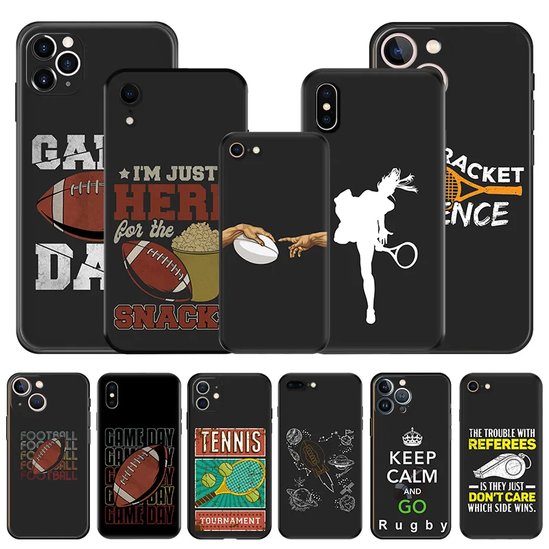 Soft Phone Cases For iphone 16 15 14 13 12 11 Pro XS Max Mini XR 7 8 Plus 16ProMax Tennis God Rugby Black Matte Cover