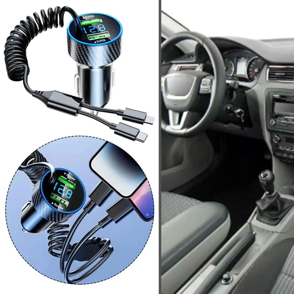 

350W USB Car Phone Charger Adapter With Retractable Cable LED Voltage Monitor 4 In 1 Super Fast Charge For IPhone C0R2