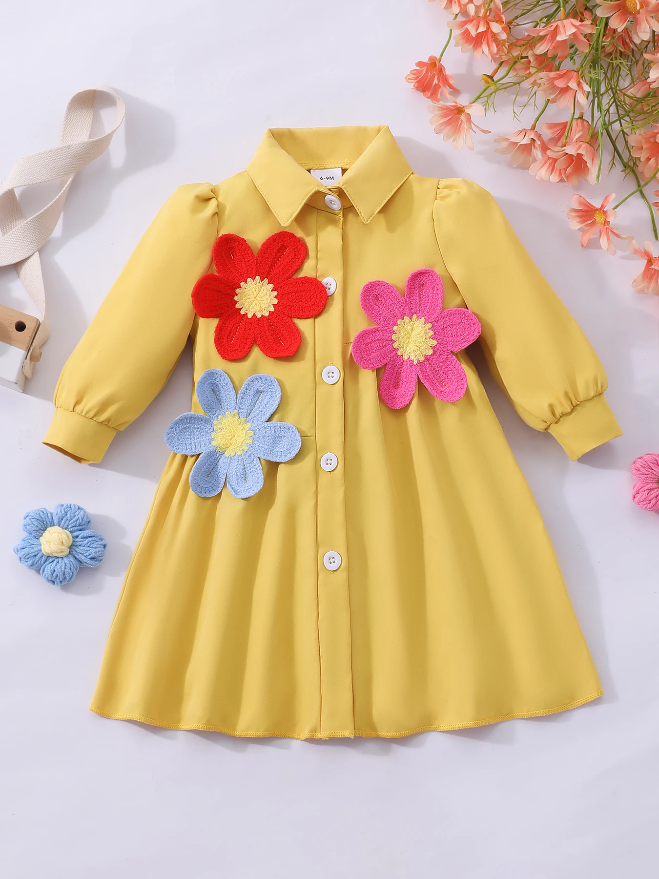 Autumn long-sleeve collar shirt dress 3D flower decoration children's family party clothing Clothing for children aged 0-2