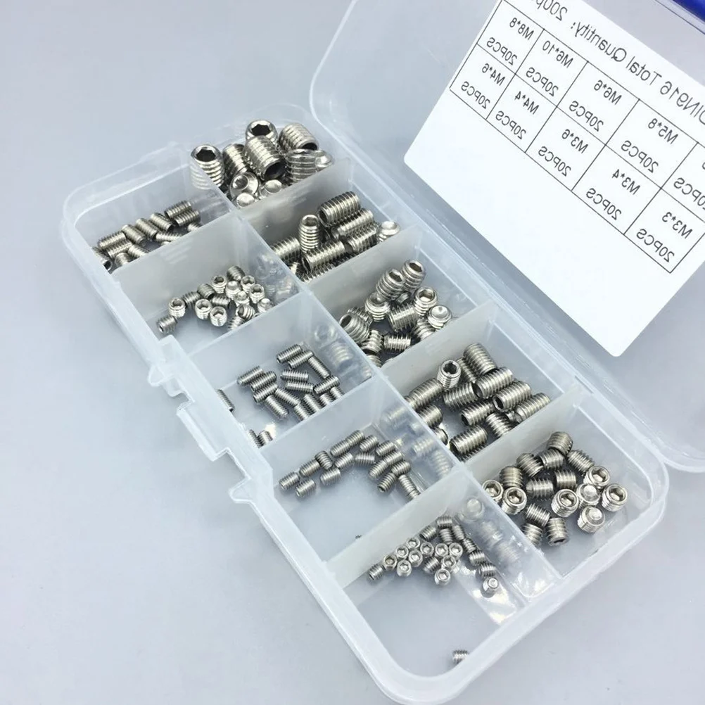 

200Pcs Stainless Steel Socket Set Screw Assortment Hex Allen Head Cup Point Screws Durable Secure Hold Set Screw