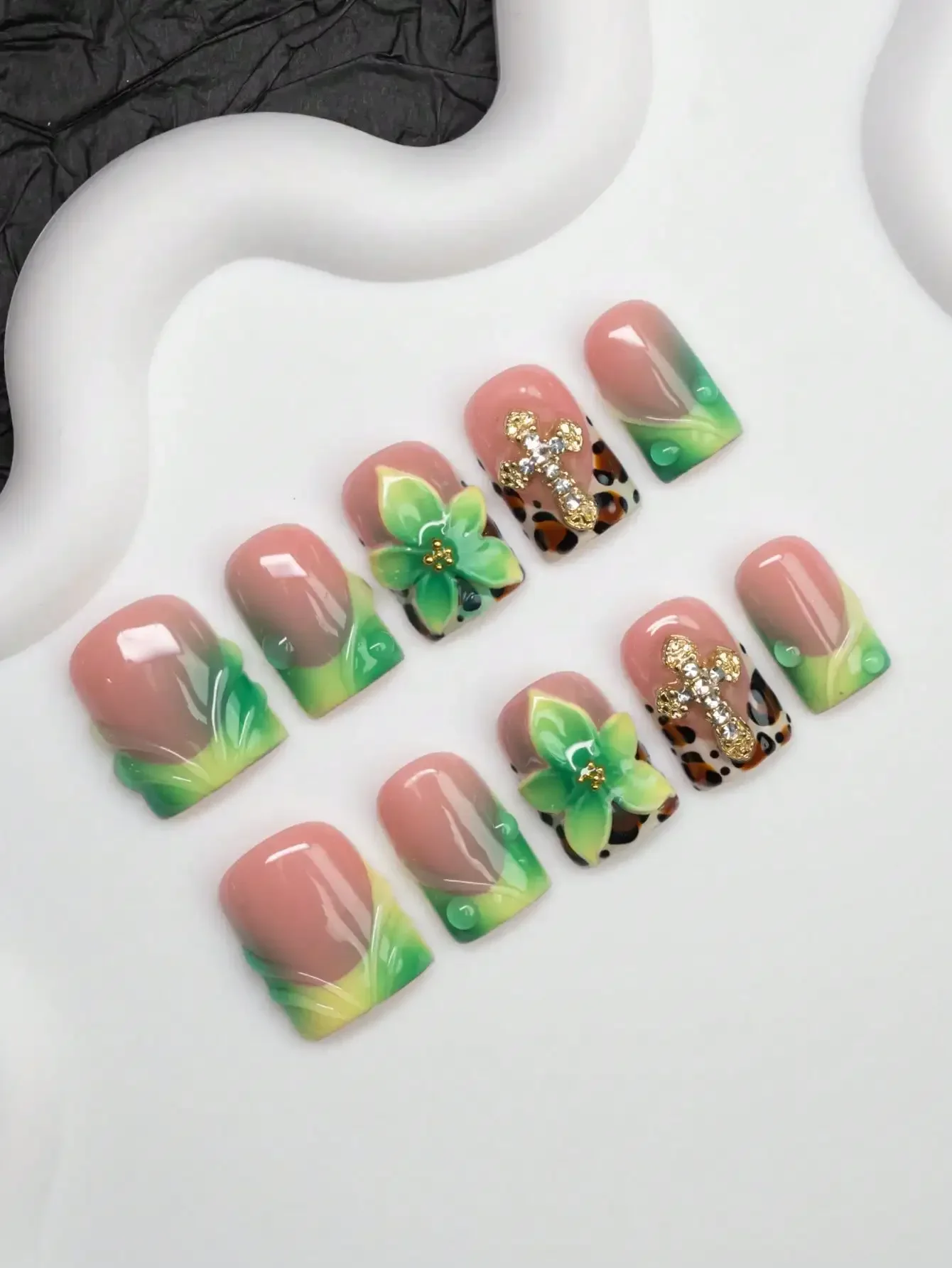 

10pcs Square Shaped Handmade Nail Tips, Y2K Baddie Style, Nude & Green Color With French Tips, Engraved, Cross, Zebra Print