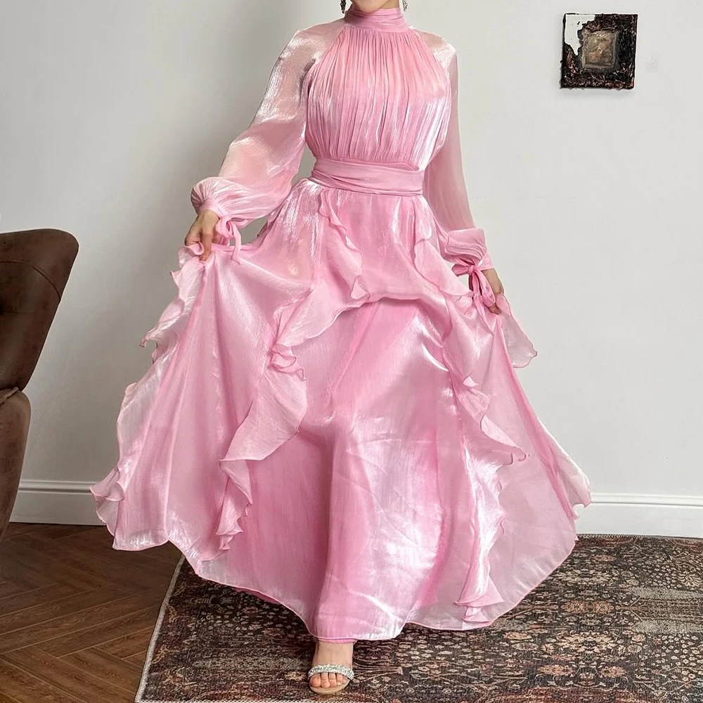 

Customized A-line Evening Dresses Floor-length High-neck Full Sleeve Prom Gown Fashion Ruched Simple Draped Casual Party Gown