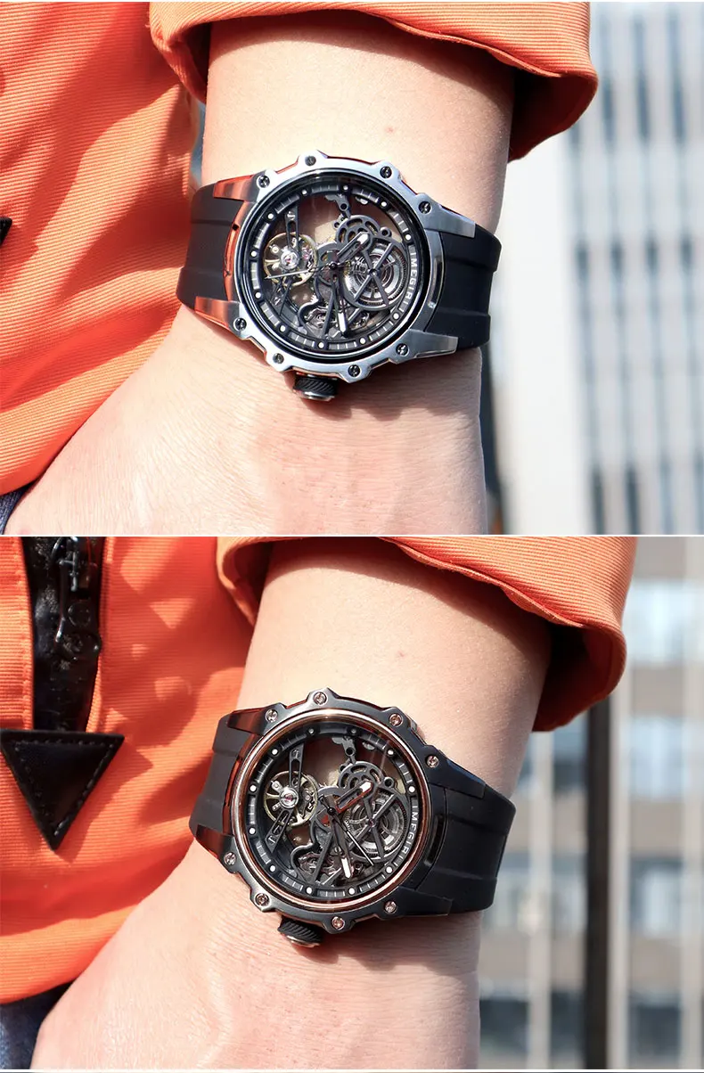 MEGIR Skeleton Dial Automatische Mechanische Uhr Männer Edelstahl Gehäuse Wasserdicht Leuchtende Sport Armbanduhr mit Silikon Armband – Detail 17