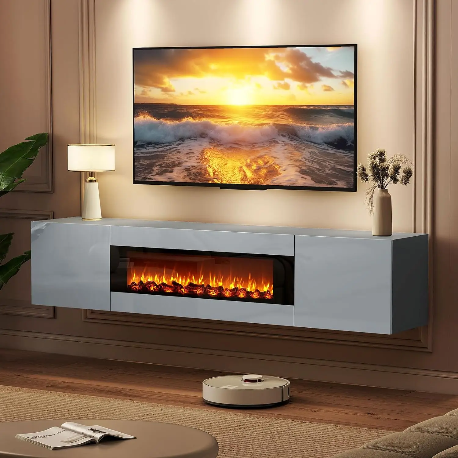 70'' Floating TV Stand with Log Fireplace, High Glossy, Grey | Wall Mounted Entertainment Center, For TVs Up to, Customized