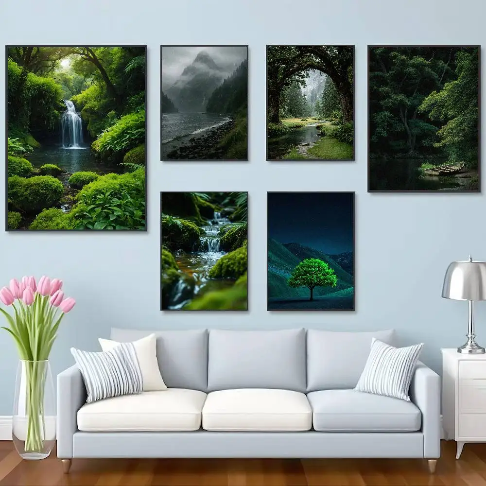 Serious Green Forest Poster Art Sunlight Ray Through Dense Trees Waterfall Stream Misty Valley Nature Peaceful Wilderness Decor