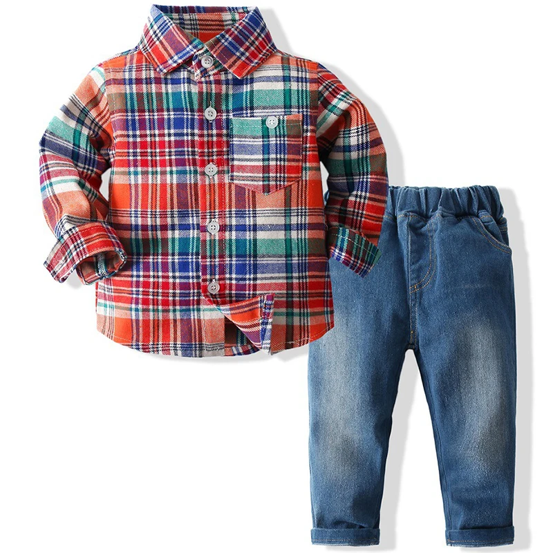 2Piece Sets Spring Autumn Toddler Boys Boutique Clothing Korean Fashion Plaid Long Sleeve Baby Tops+Jeans Newborn Clothes BC1387