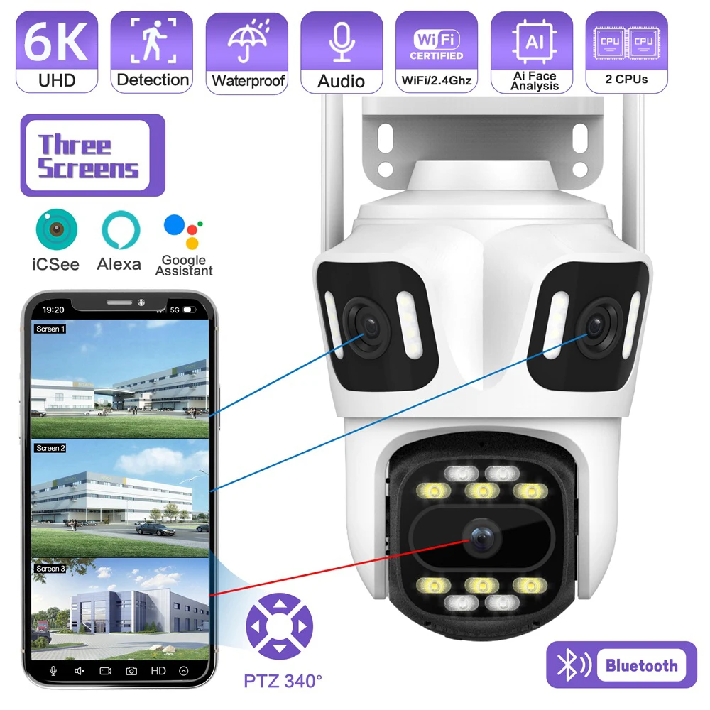 KERUI Icsee Outdoor PTZ 6K WIFI IP Camera Home Security Triple Lens Camera CCTV Video Surveillance With Triple Screens