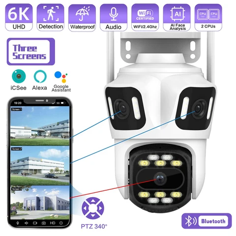 Kerui icsee ao ar livre ptz 6k wifi câmera ip de segurança em casa lente tripla câmera cctv vigilância de vídeo com telas triplas