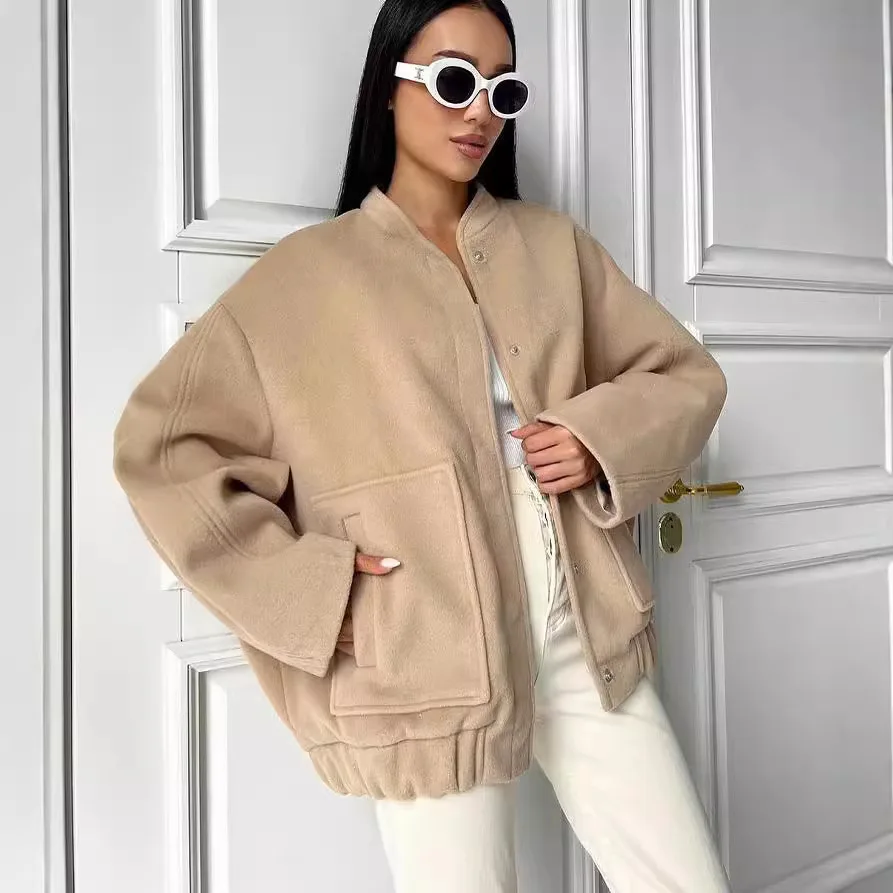 

Women Coats Casual Jackets Streetwear Stand Collar Coat Long Sleeve Big Pockets Single Breasted Loose Office Lady 2025 Autumn