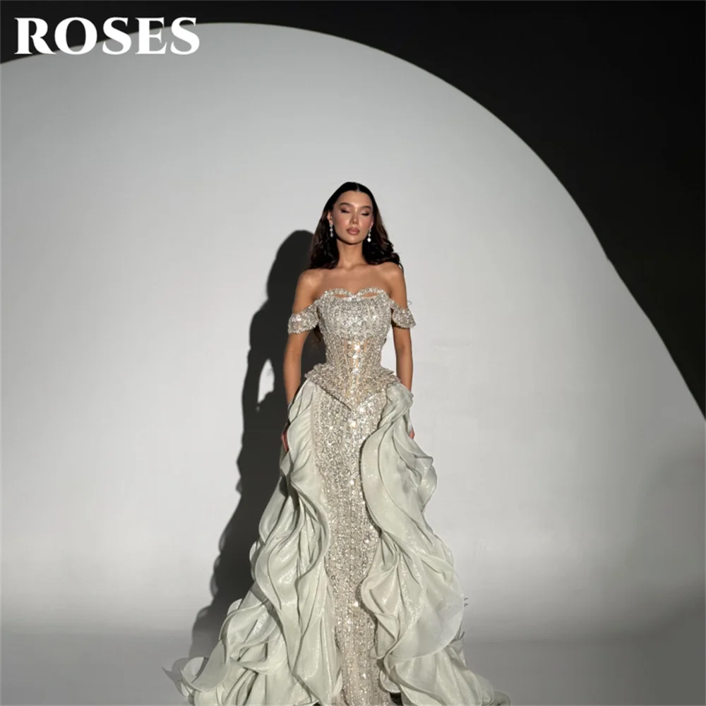 ROSES Ivory Party Dress Off Shoulder Evening Dress Glitter Crystal فستان سهرة Ruffled Prom Gown for Women Customized