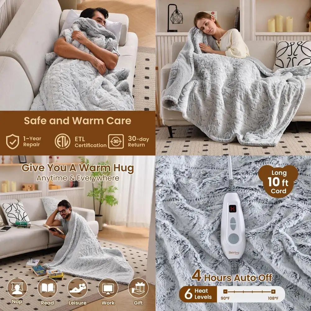 

Luxurious Dual-Sided Sherpa & Faux Fur Heated Throw, 6 Heat Levels, 4-Hour Auto Shut-Off, Machine Washable, 50x60 Inches, Gift-R