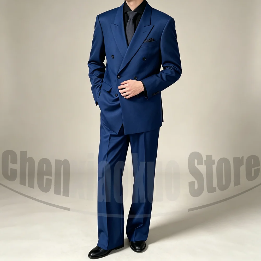 Men Fashion Oversized Suit Peak Lapel Double Breasted Loose Fit Blazer Pants 2 Piece Tuxedo For Evening Wedding Party Outfit